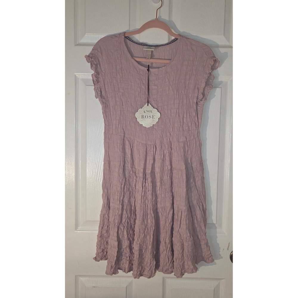 Knox Rose Mauve Pink Smocked Tiered Crinkle Dress Short Sleeve Small NWT